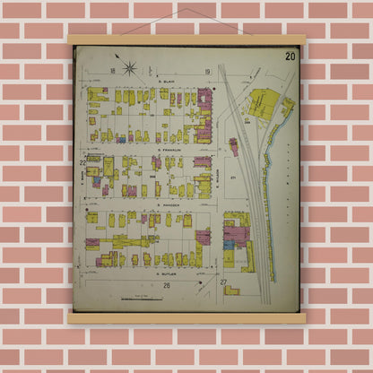 Old map wall art mockup — magnetic wood frame on brick wall — Sanborn Fire Insurance Map from Madison, Dane County, Wisconsin (1908), Sheet #0020