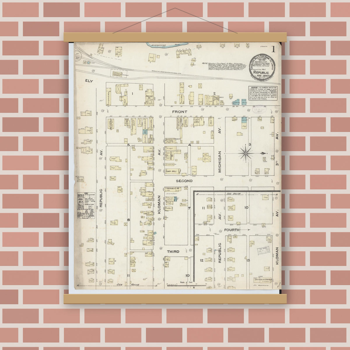 Old map wall art mockup — magnetic wood frame on brick wall — Sanborn Fire Insurance Map from Republic, Marquette County, Michigan (1884), Sheet #0001