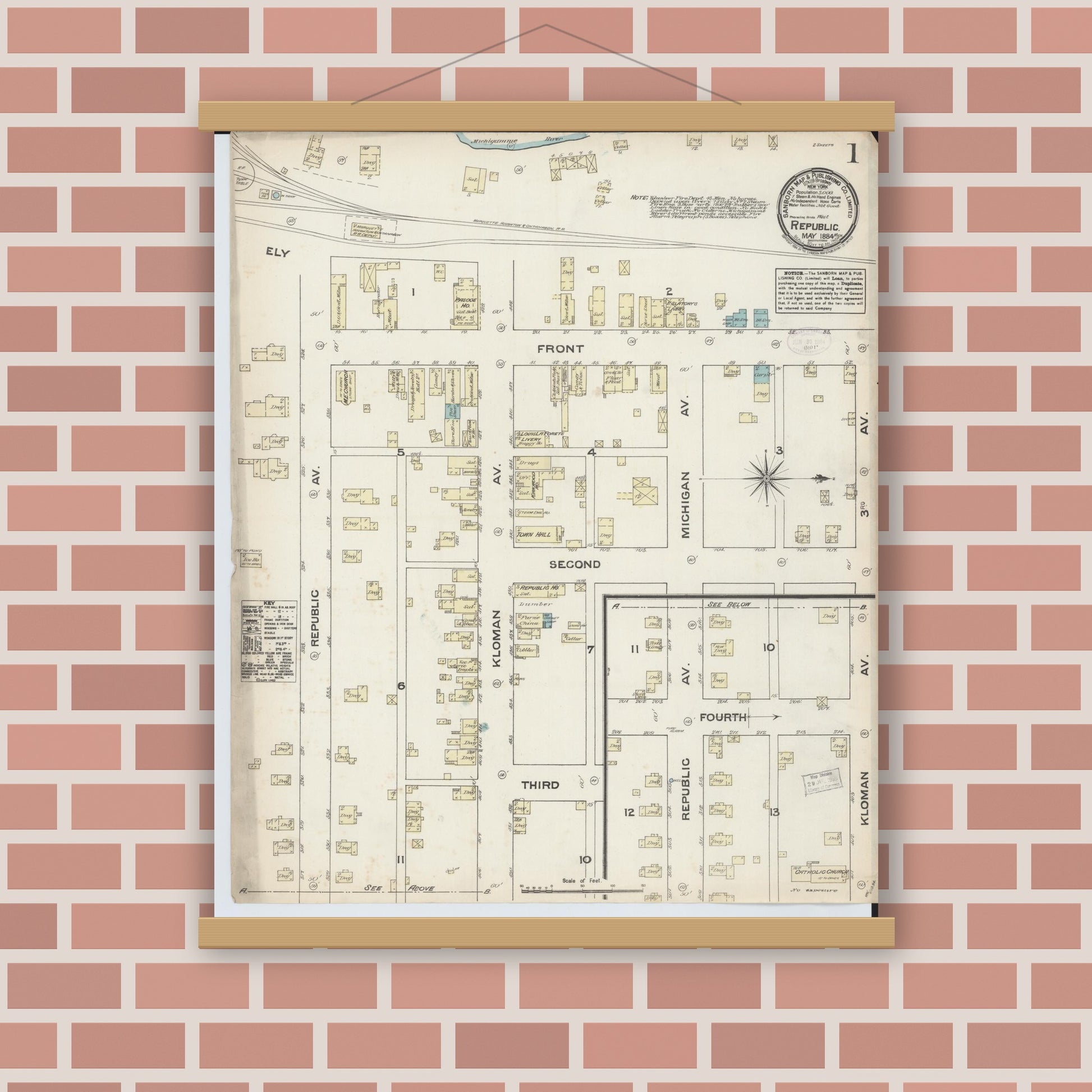 Old map wall art mockup — magnetic wood frame on brick wall — Sanborn Fire Insurance Map from Republic, Marquette County, Michigan (1884), Sheet #0001