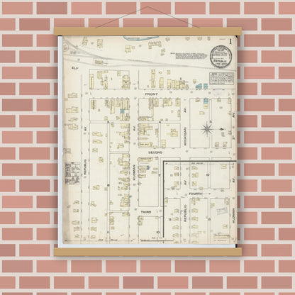 Old map wall art mockup — magnetic wood frame on brick wall — Sanborn Fire Insurance Map from Republic, Marquette County, Michigan (1884), Sheet #0001