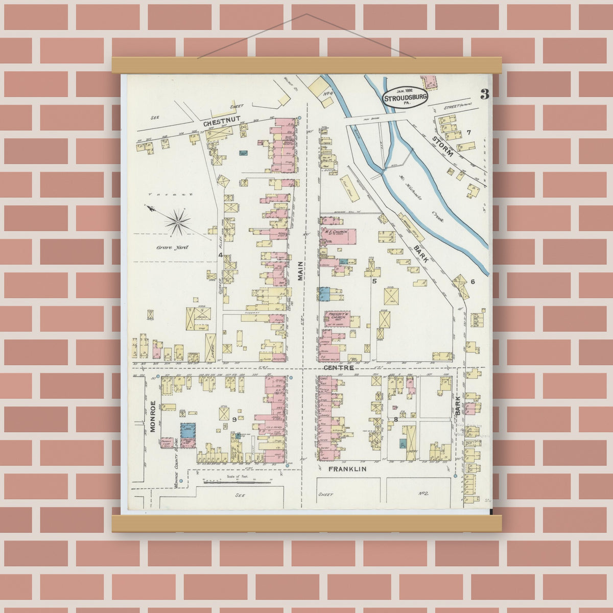 Old map wall art mockup — magnetic wood frame on brick wall — Sanborn Fire Insurance Map from Stroudsburg, Monroe County, Pennsylvania (1892), Sheet #0003