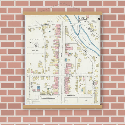 Old map wall art mockup — magnetic wood frame on brick wall — Sanborn Fire Insurance Map from Stroudsburg, Monroe County, Pennsylvania (1892), Sheet #0003