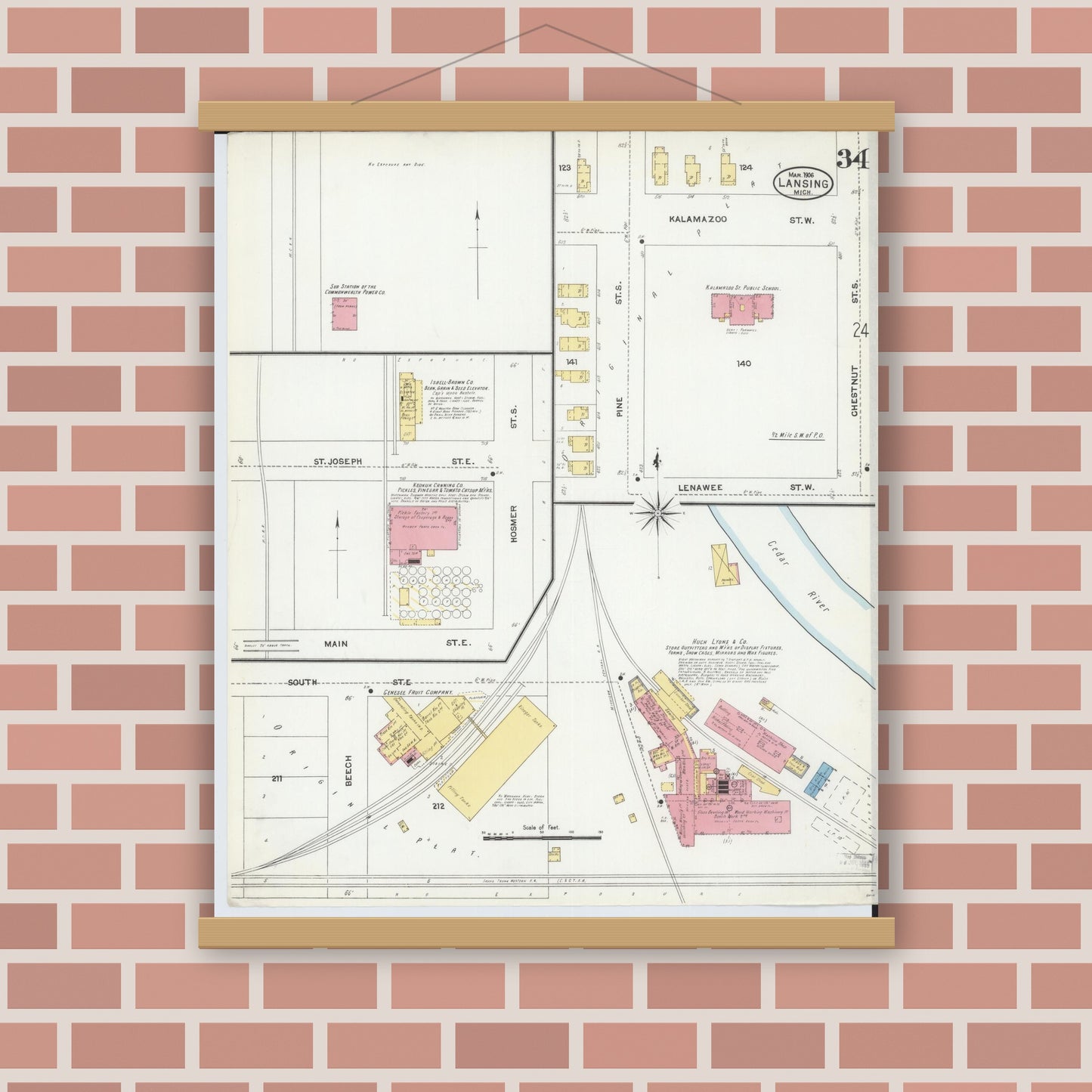 Old map wall art mockup — magnetic wood frame on brick wall — Sanborn Fire Insurance Map from Lansing, Ingham County, Michigan (1906), Sheet #0034