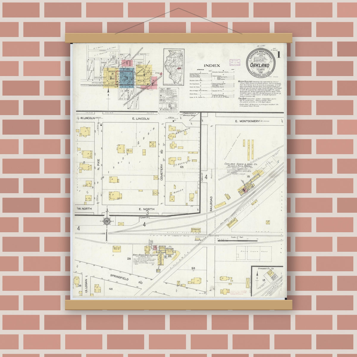 Old map wall art mockup — magnetic wood frame on brick wall — Sanborn Fire Insurance Map from Oakland, Coles County, Illinois (1916), Sheet #0001