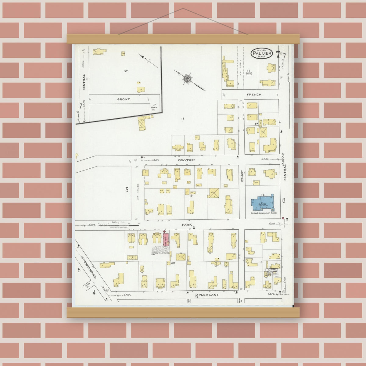 Old map wall art mockup — magnetic wood frame on brick wall — Sanborn Fire Insurance Map from Palmer, Hampden County, Massachusetts (1918), Sheet #0007
