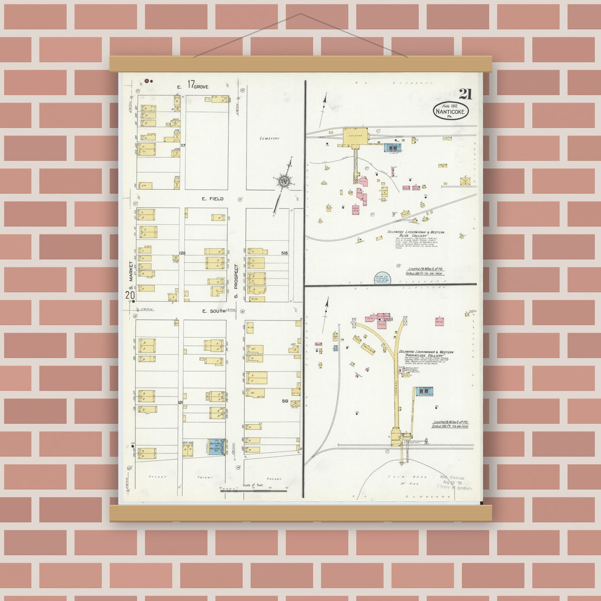 Old map wall art mockup — magnetic wood frame on brick wall — Sanborn Fire Insurance Map from Nanticoke, Luzerne County, Pennsylvania (1912), Sheet #0021