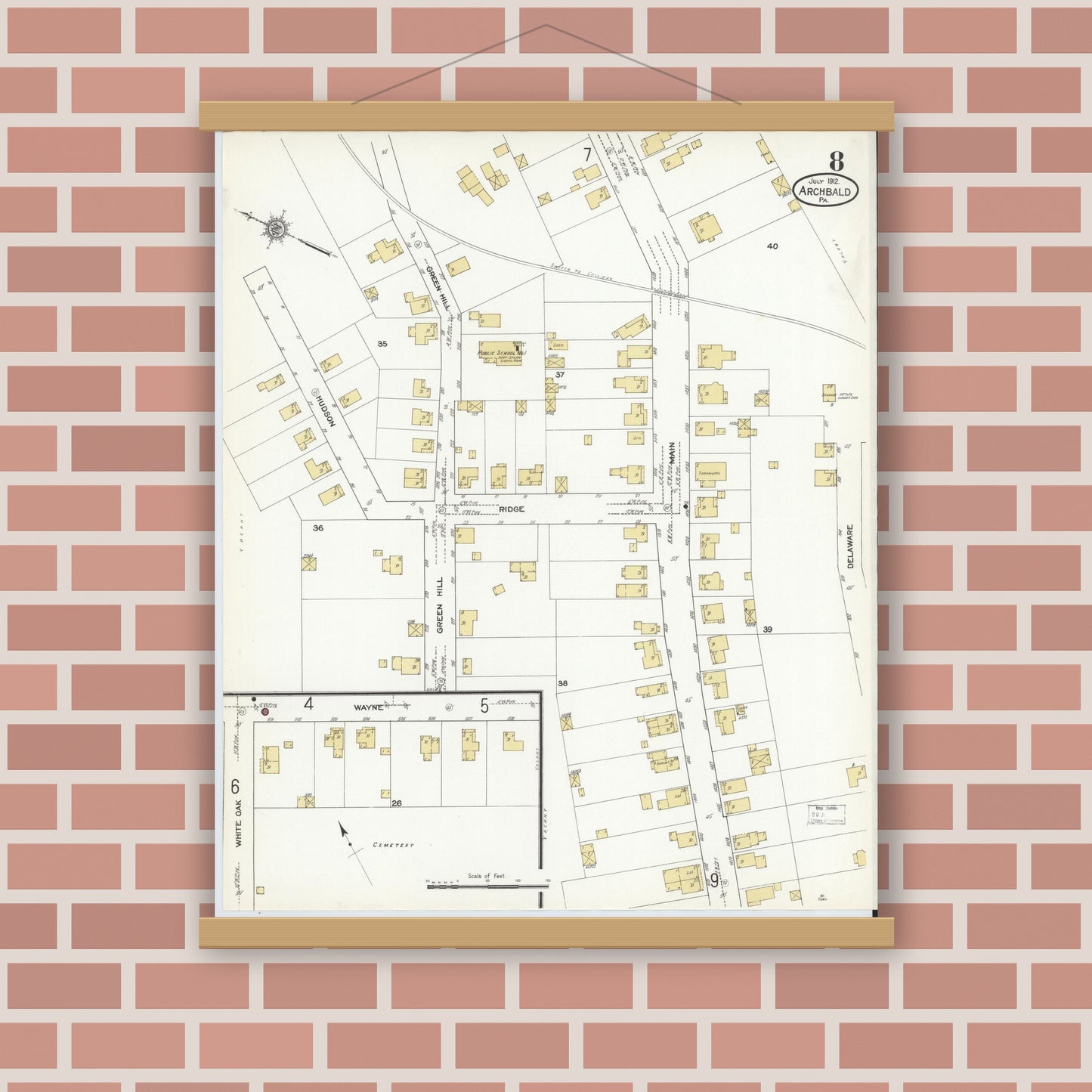 Old map wall art mockup — magnetic wood frame on brick wall — Sanborn Fire Insurance Map from Archbald, Lackawanna County, Pennsylvania (1912), Sheet #0008