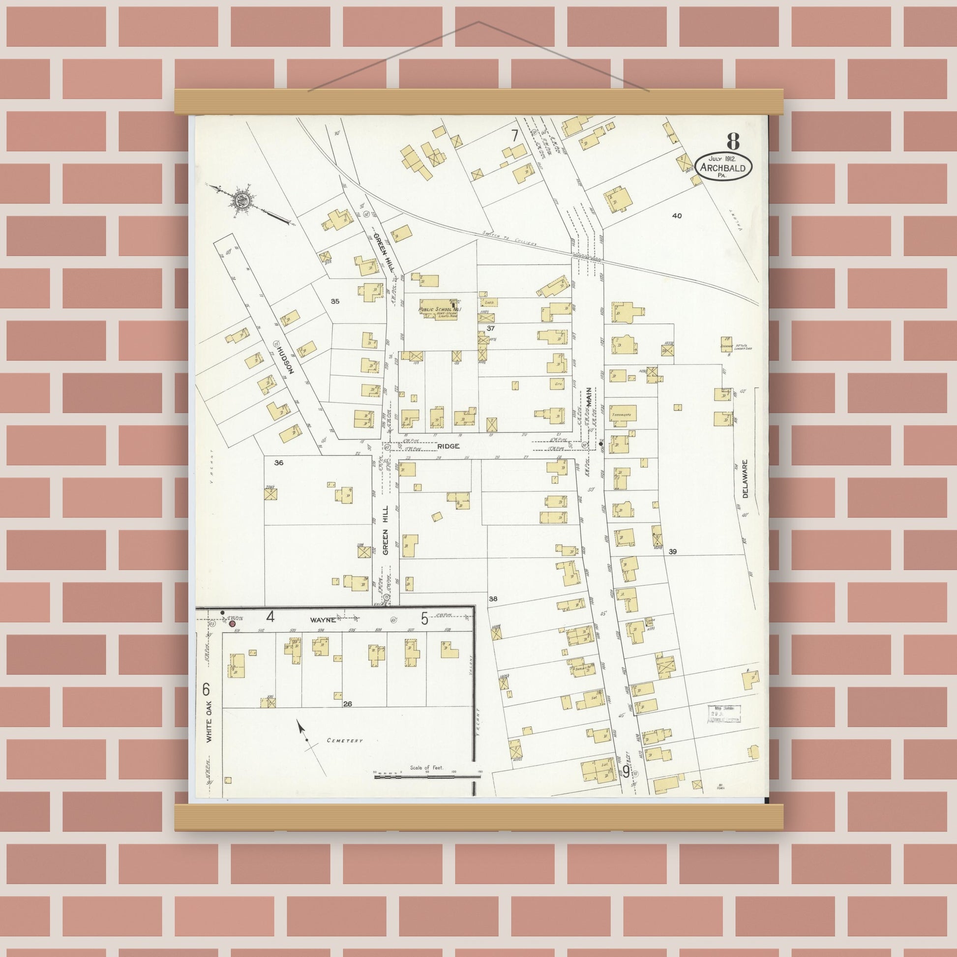 Old map wall art mockup — magnetic wood frame on brick wall — Sanborn Fire Insurance Map from Archbald, Lackawanna County, Pennsylvania (1912), Sheet #0008