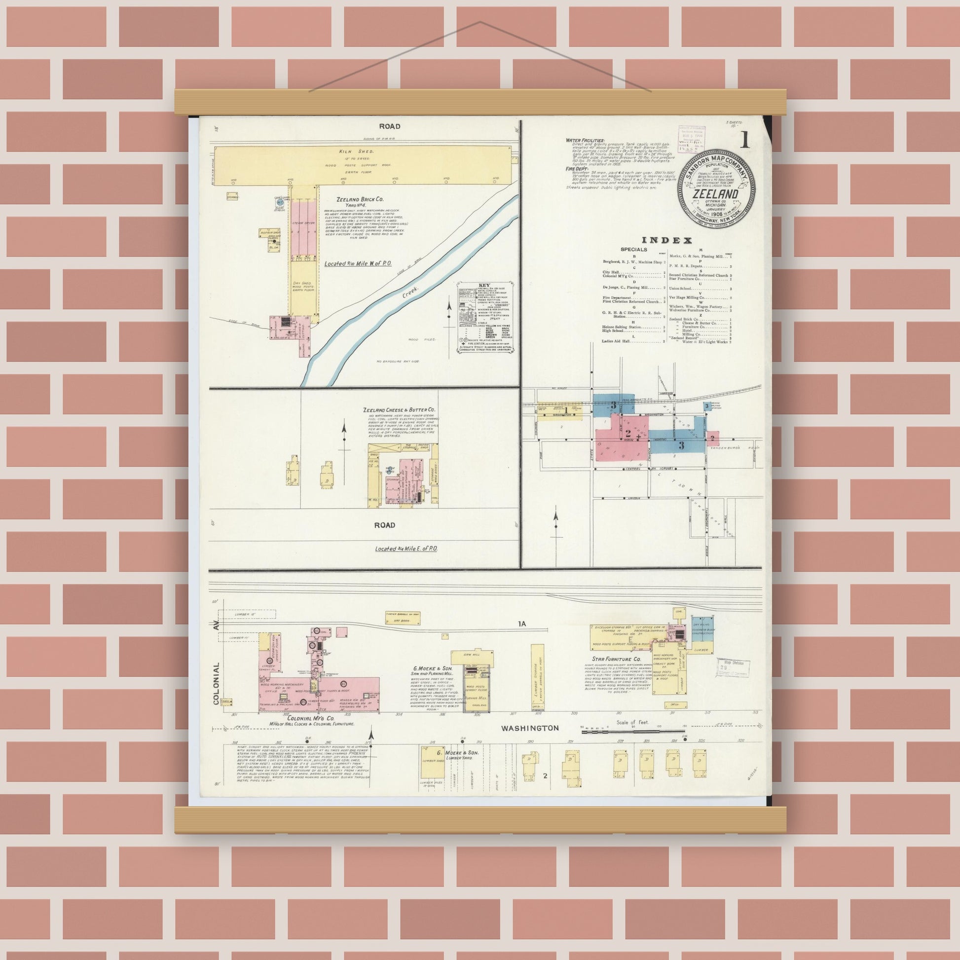 Old map wall art mockup — magnetic wood frame on brick wall — Sanborn Fire Insurance Map from Zeeland, Ottawa County, Michigan (1908), Sheet #0001