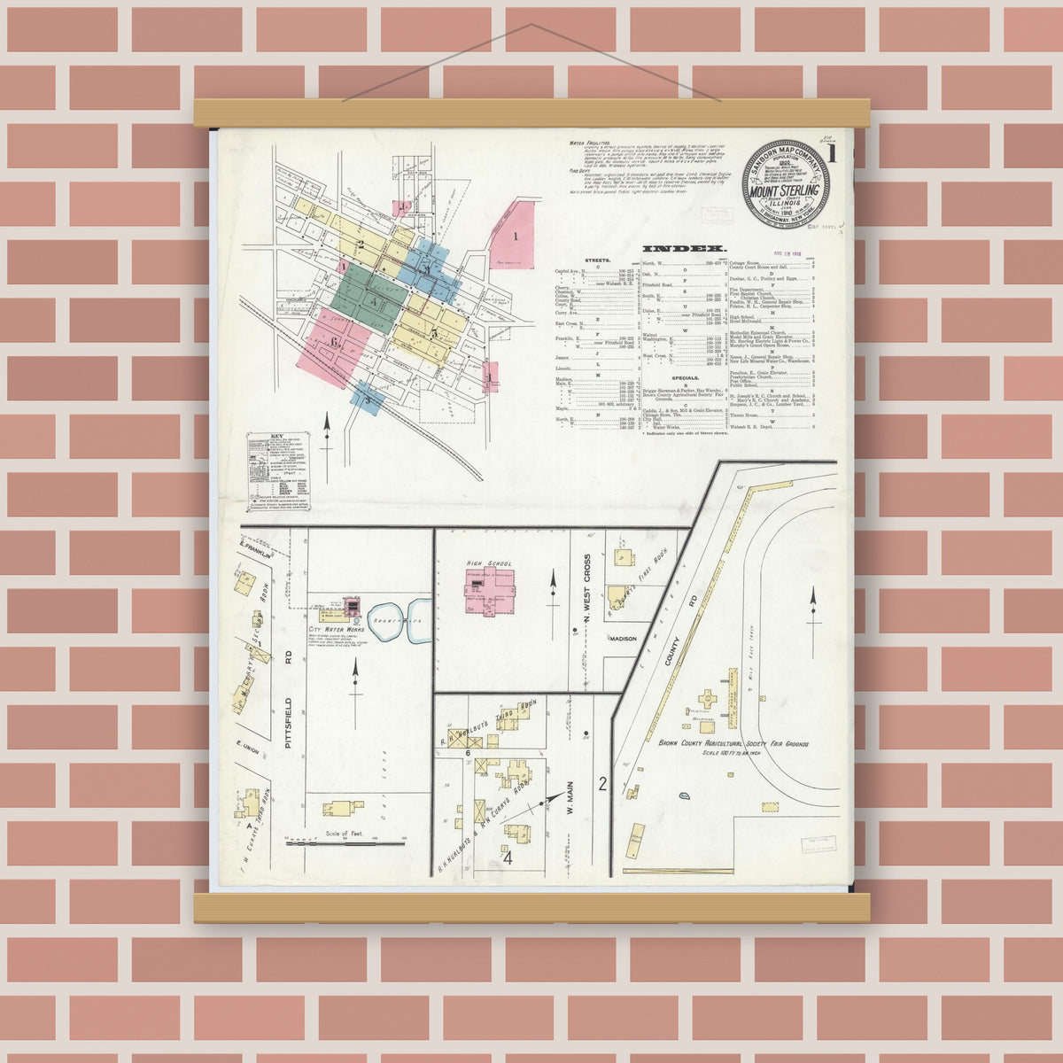 Old map wall art mockup — magnetic wood frame on brick wall — Sanborn Fire Insurance Map from Mount Sterling, Brown County, Illinois (1910) - Complete Map Set