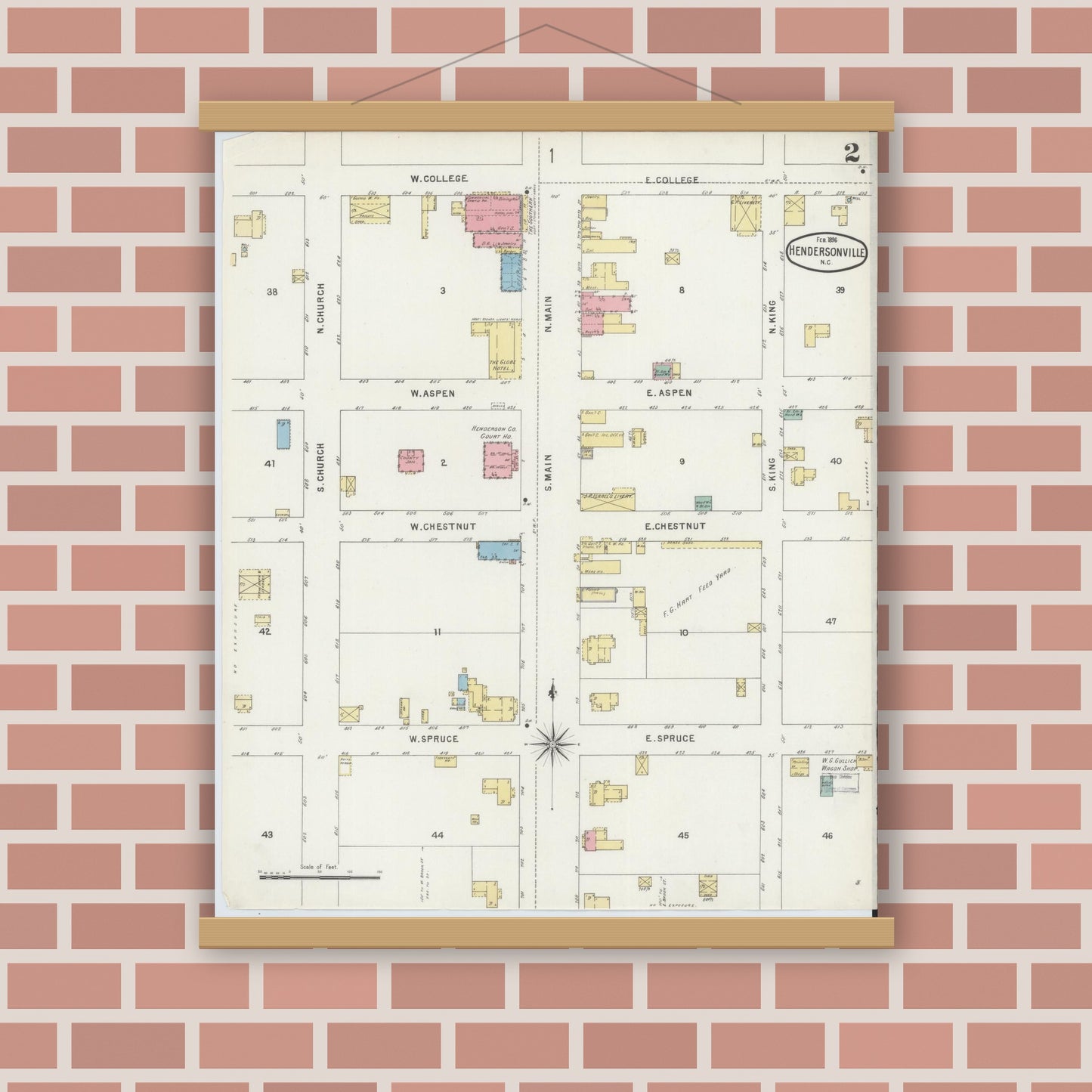 Old map wall art mockup — magnetic wood frame on brick wall — Sanborn Fire Insurance Map from Hendersonville, Henderson County, North Carolina (1896), Sheet #0002