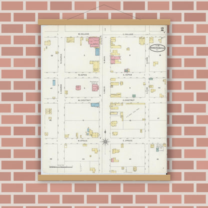 Old map wall art mockup — magnetic wood frame on brick wall — Sanborn Fire Insurance Map from Hendersonville, Henderson County, North Carolina (1896), Sheet #0002