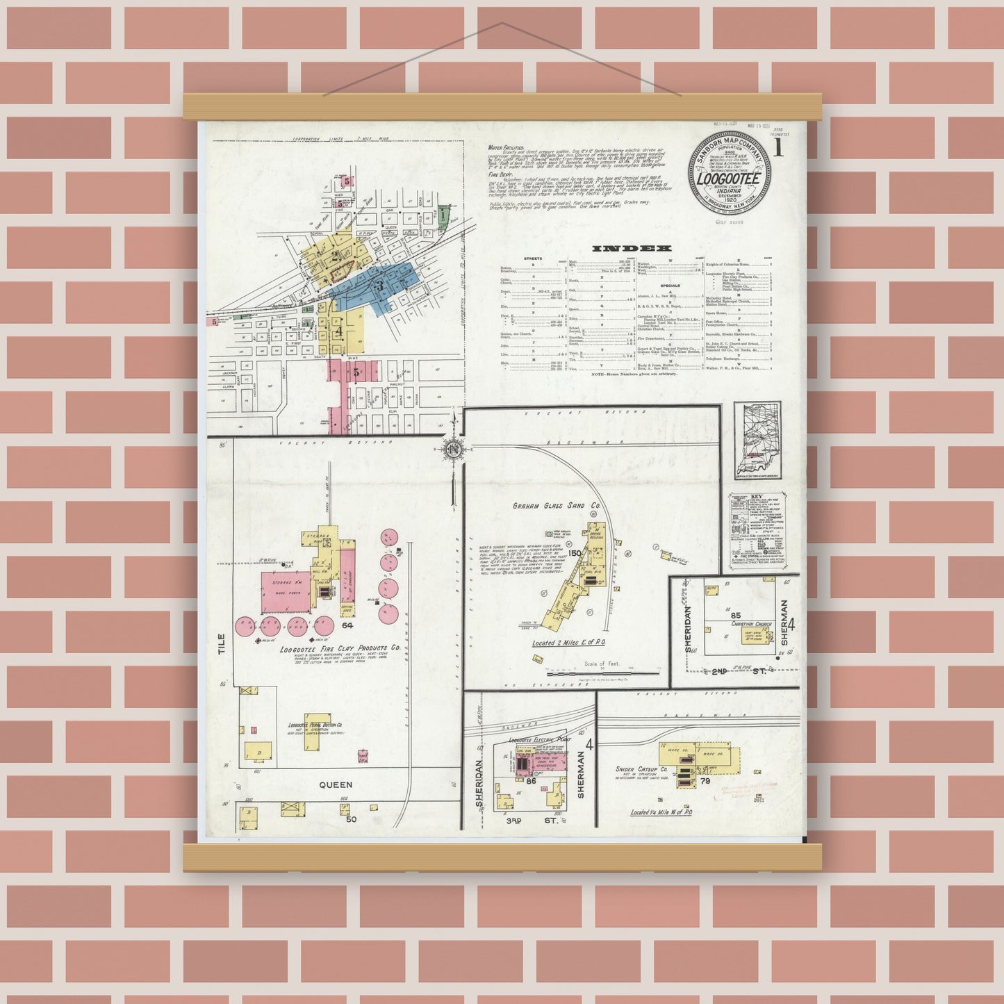 Old map wall art mockup — magnetic wood frame on brick wall — Sanborn Fire Insurance Map from Loogootee, Martin County, Indiana (1920) - Complete Map Set