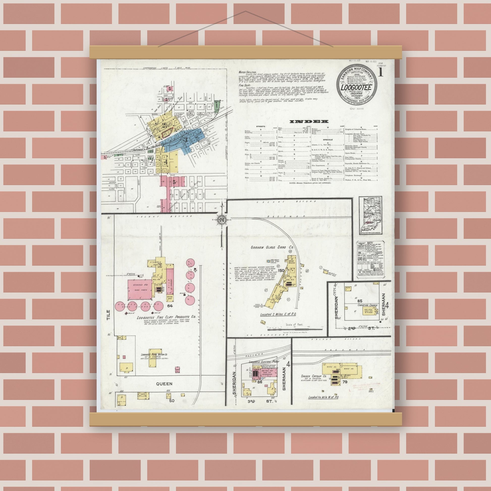 Old map wall art mockup — magnetic wood frame on brick wall — Sanborn Fire Insurance Map from Loogootee, Martin County, Indiana (1920) - Complete Map Set