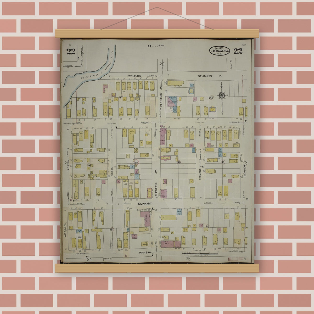 Old map wall art mockup — magnetic wood frame on brick wall — Sanborn Fire Insurance Map from Lackawanna, Erie County, New York (1950), Sheet #0022