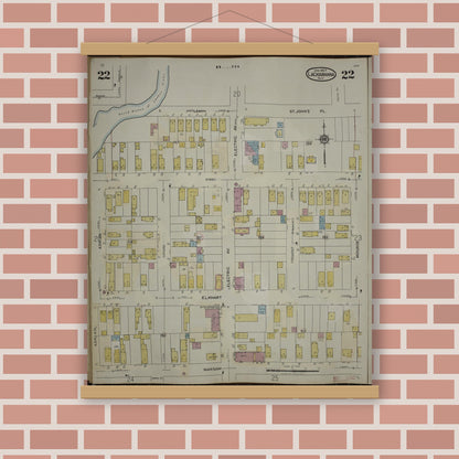 Old map wall art mockup — magnetic wood frame on brick wall — Sanborn Fire Insurance Map from Lackawanna, Erie County, New York (1950), Sheet #0022