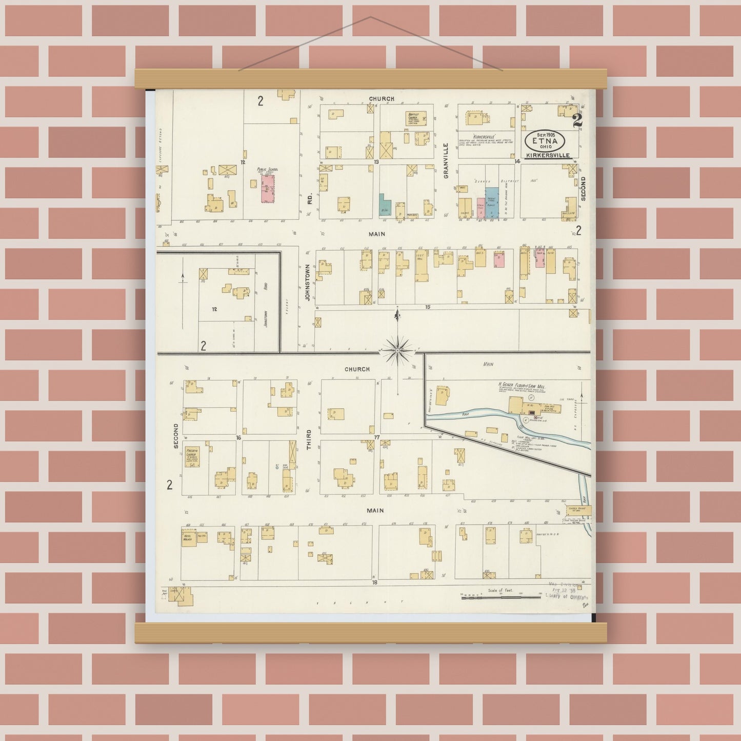 Old map wall art mockup — magnetic wood frame on brick wall — Sanborn Fire Insurance Map from Etna, Luking County, Ohio (1905), Sheet #0002