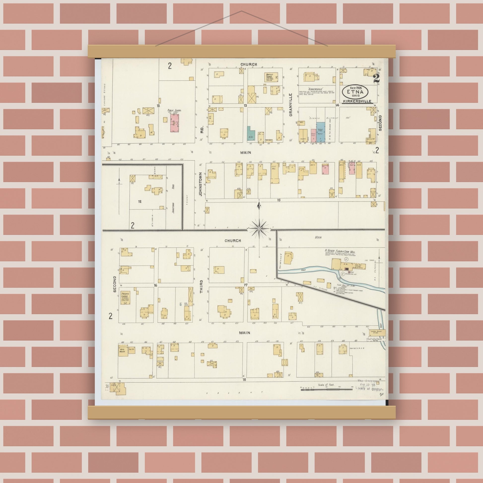 Old map wall art mockup — magnetic wood frame on brick wall — Sanborn Fire Insurance Map from Etna, Luking County, Ohio (1905), Sheet #0002