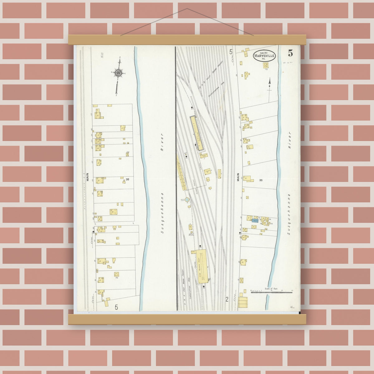 Old map wall art mockup — magnetic wood frame on brick wall — Sanborn Fire Insurance Map from Marysville, Perry County, Pennsylvania (1911), Sheet #0005