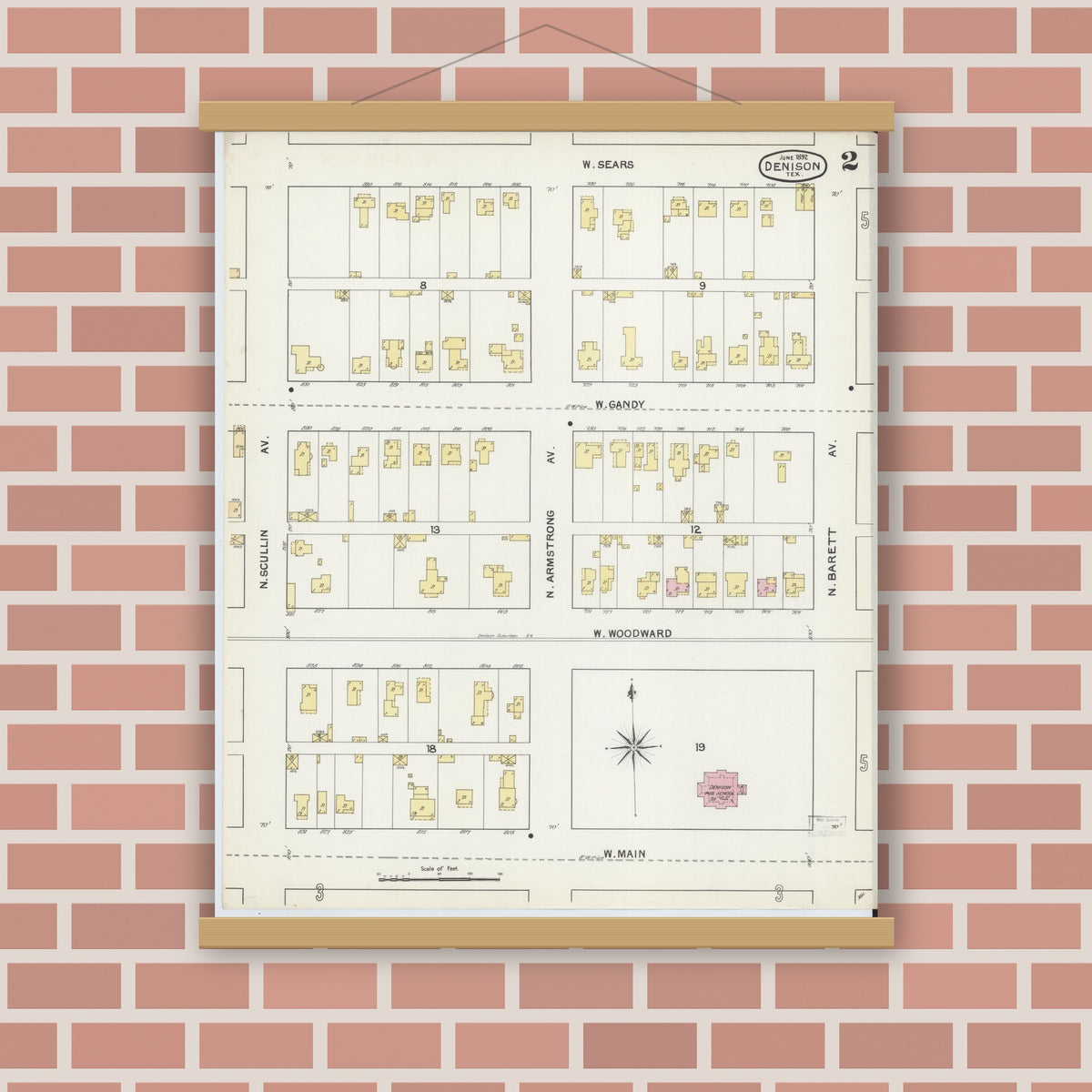 Old map wall art mockup — magnetic wood frame on brick wall — Sanborn Fire Insurance Map from Denison, Grayson County, Texas (1892), Sheet #0002