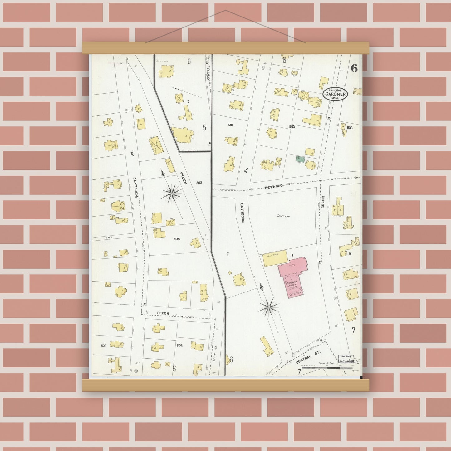 Old map wall art mockup — magnetic wood frame on brick wall — Sanborn Fire Insurance Map from Gardner, Worcester County, Massachusetts (1905), Sheet #0006