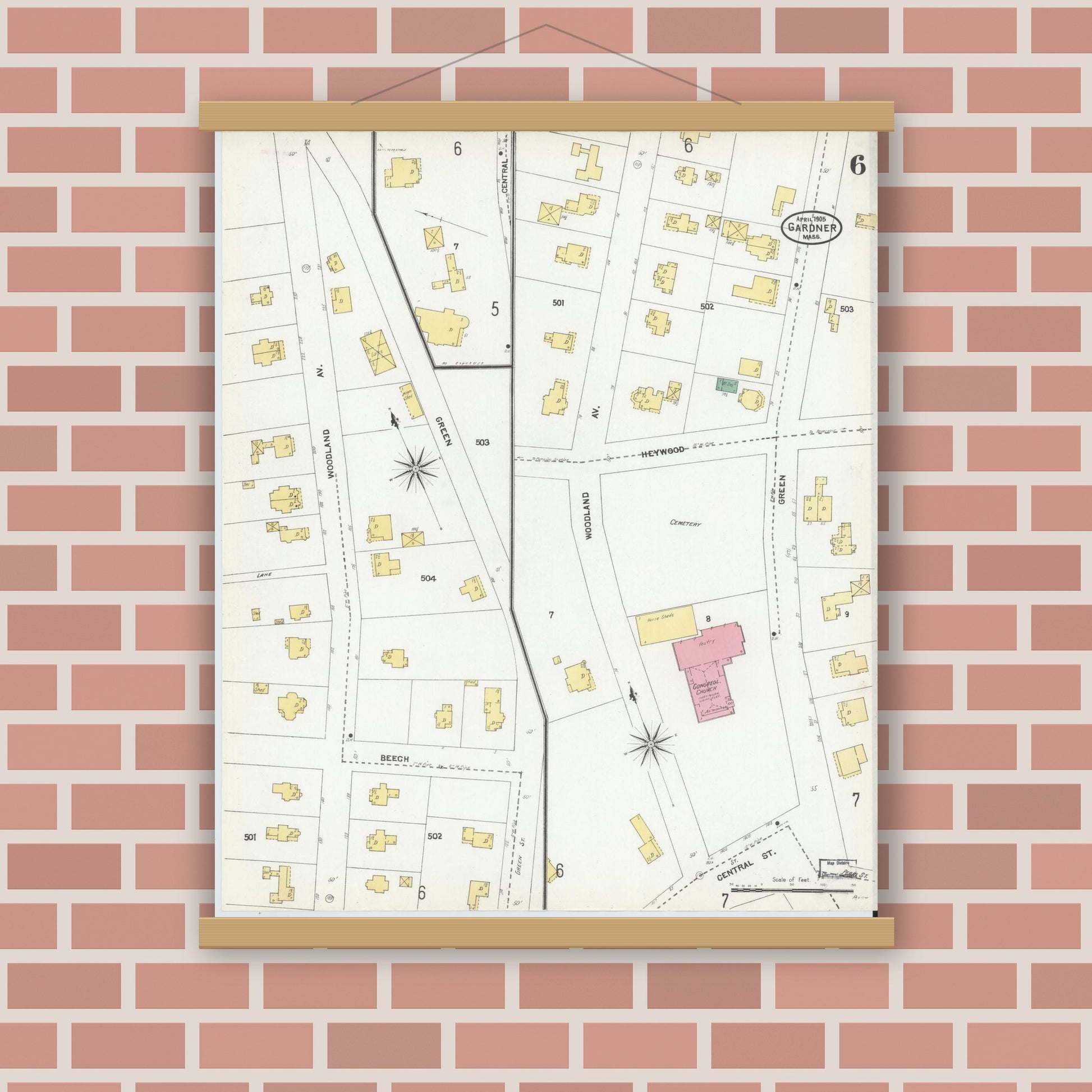 Old map wall art mockup — magnetic wood frame on brick wall — Sanborn Fire Insurance Map from Gardner, Worcester County, Massachusetts (1905), Sheet #0006
