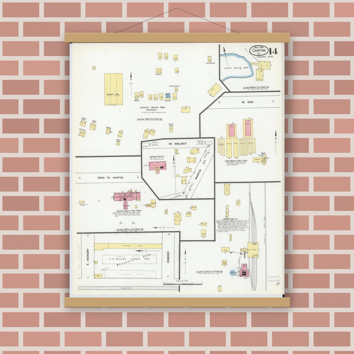 Old map wall art mockup — magnetic wood frame on brick wall — Sanborn Fire Insurance Map from Canton, Fulton County, Illinois (1909), Sheet #0014
