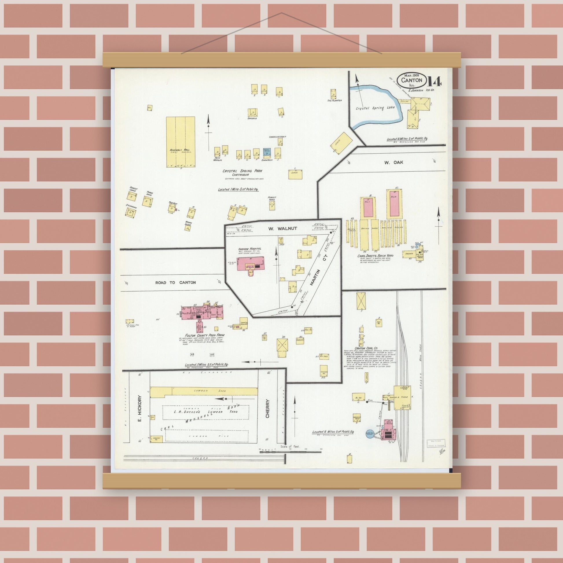 Old map wall art mockup — magnetic wood frame on brick wall — Sanborn Fire Insurance Map from Canton, Fulton County, Illinois (1909), Sheet #0014