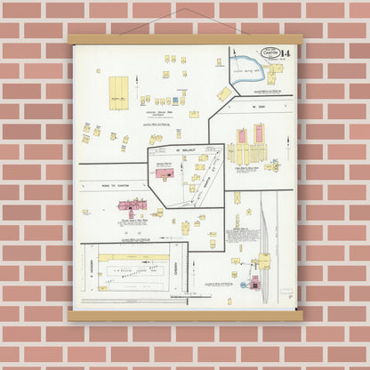 Old map wall art mockup — magnetic wood frame on brick wall — Sanborn Fire Insurance Map from Canton, Fulton County, Illinois (1909), Sheet #0014