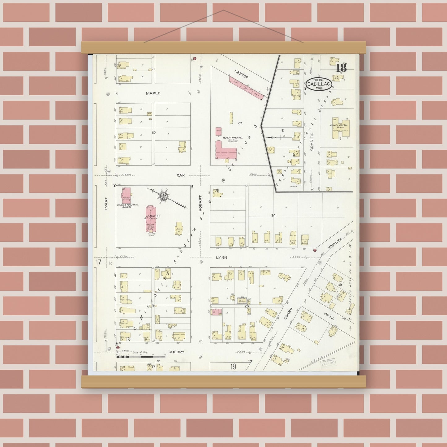 Old map wall art mockup — magnetic wood frame on brick wall — Sanborn Fire Insurance Map from Cadillac, Wexford County, Michigan (1914), Sheet #0018