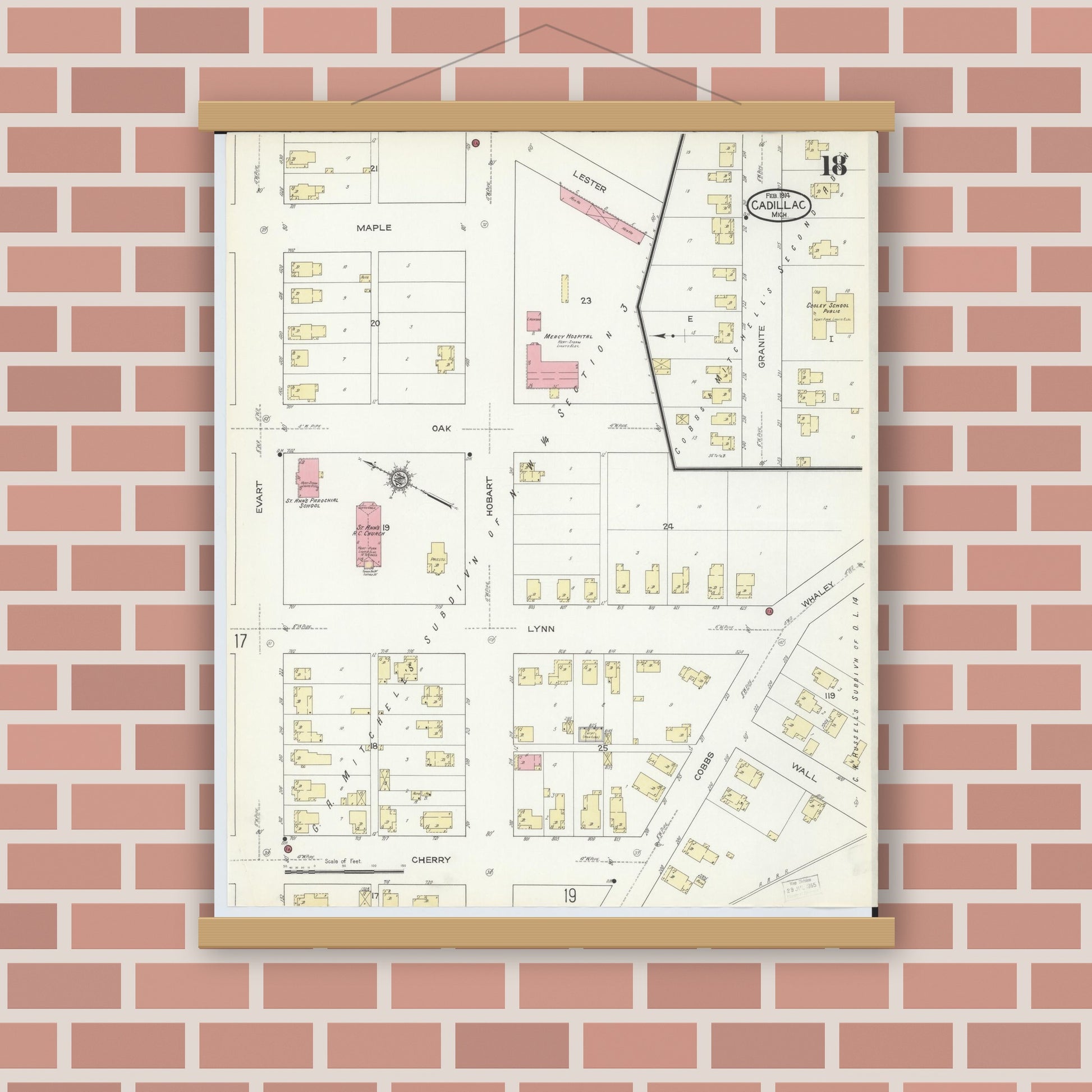 Old map wall art mockup — magnetic wood frame on brick wall — Sanborn Fire Insurance Map from Cadillac, Wexford County, Michigan (1914), Sheet #0018