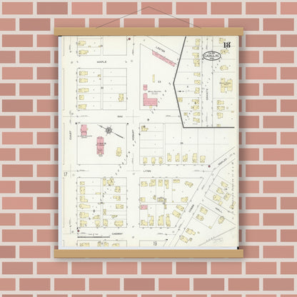 Old map wall art mockup — magnetic wood frame on brick wall — Sanborn Fire Insurance Map from Cadillac, Wexford County, Michigan (1914), Sheet #0018