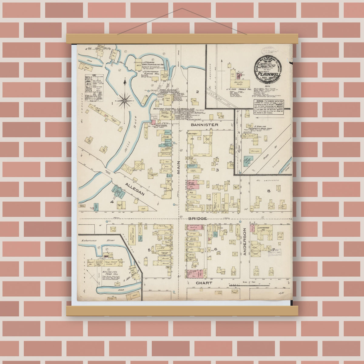 Old map wall art mockup — magnetic wood frame on brick wall — Sanborn Fire Insurance Map from Plainwell, Allegan County, Michigan (1884), Sheet #0001