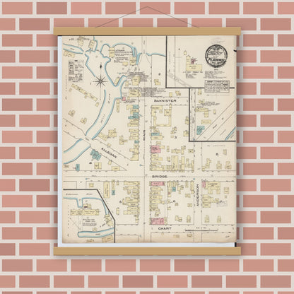 Old map wall art mockup — magnetic wood frame on brick wall — Sanborn Fire Insurance Map from Plainwell, Allegan County, Michigan (1884), Sheet #0001