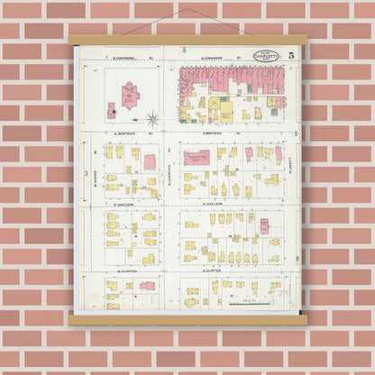 Old map wall art mockup — magnetic wood frame on brick wall — Sanborn Fire Insurance Map from Charlotte, Eaton County, Michigan (1904), Sheet #0005