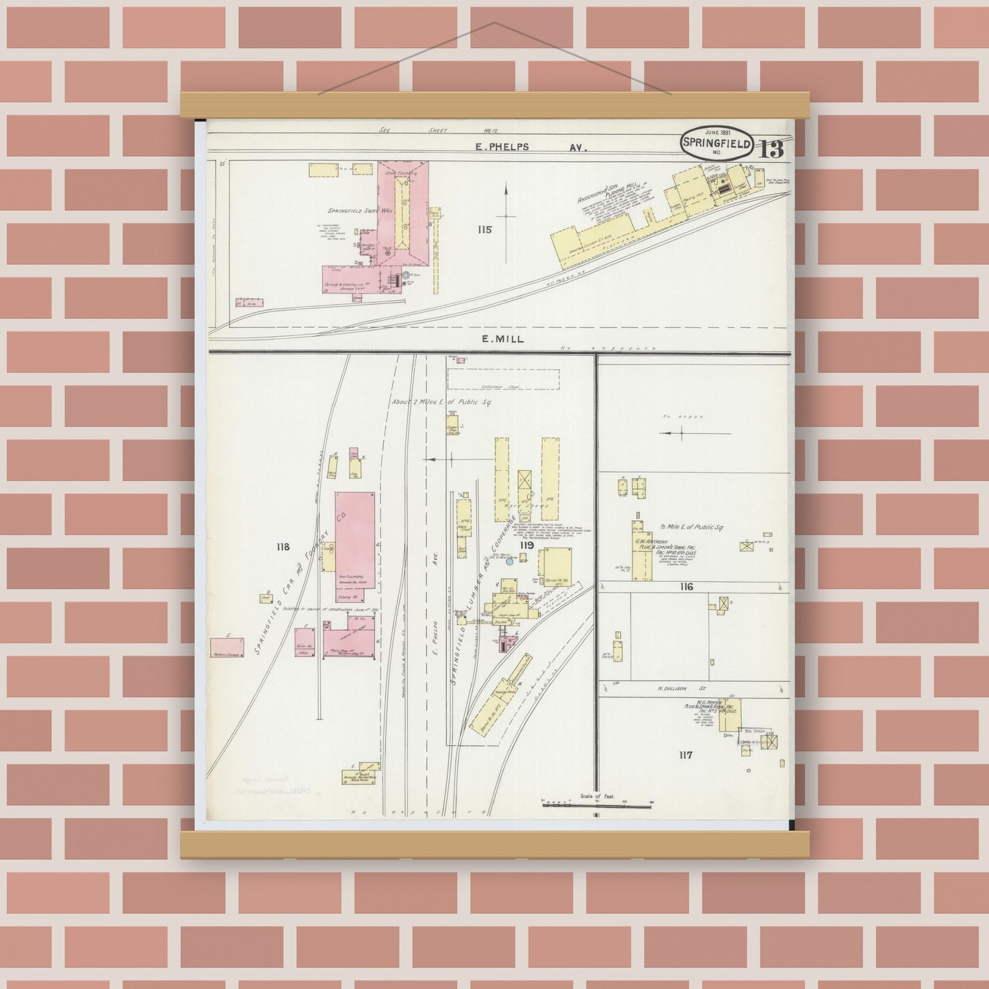 Old map wall art mockup — magnetic wood frame on brick wall — Sanborn Fire Insurance Map from Springfield, Greene County, Missouri (1891), Sheet #0013