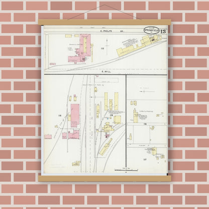Old map wall art mockup — magnetic wood frame on brick wall — Sanborn Fire Insurance Map from Springfield, Greene County, Missouri (1891), Sheet #0013