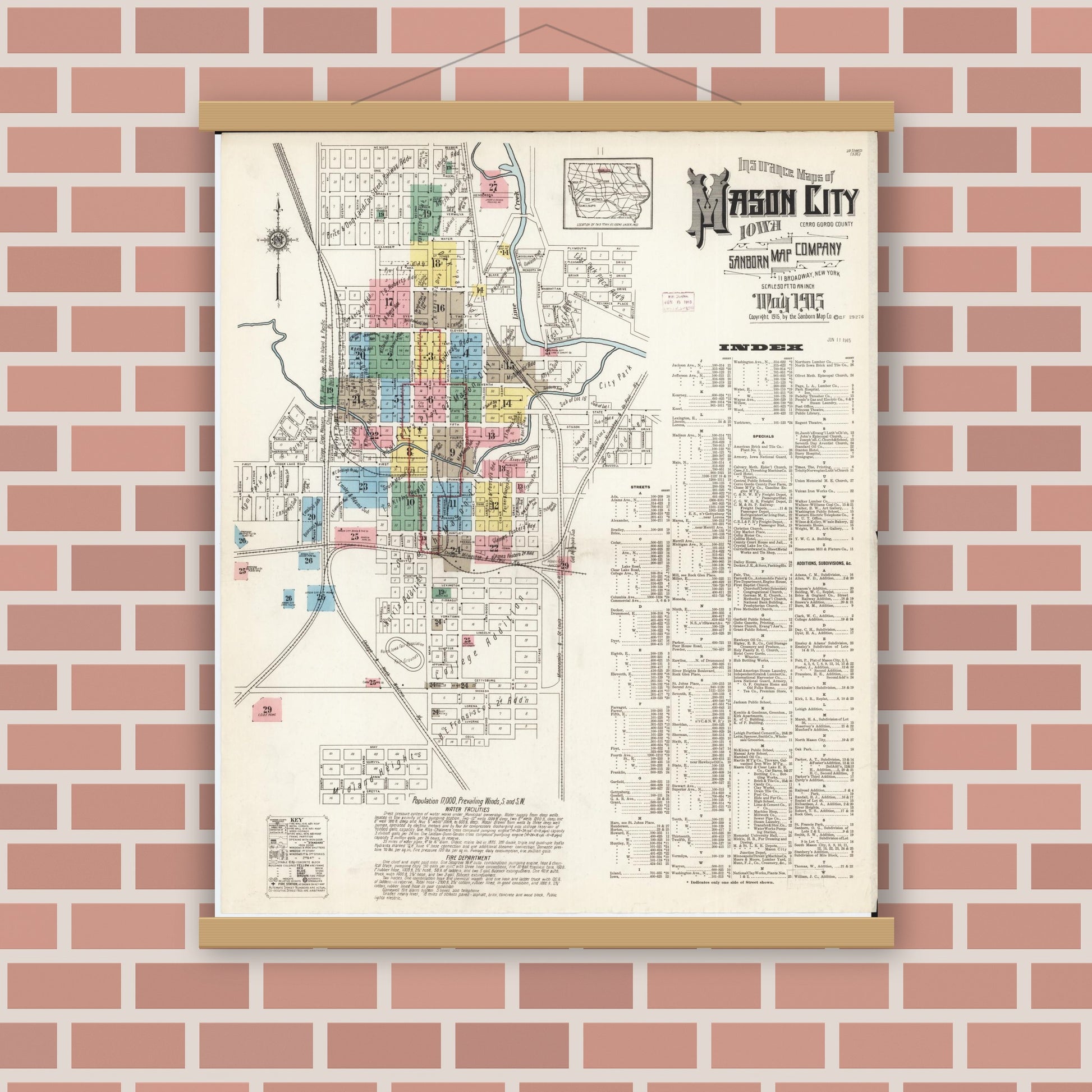 Old map wall art mockup — magnetic wood frame on brick wall — Sanborn Fire Insurance Map from Mason City, Cerro Gordo County, Iowa (1915) â€” Complete Set