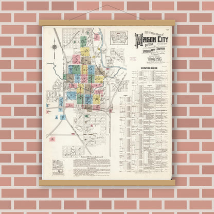 Old map wall art mockup — magnetic wood frame on brick wall — Sanborn Fire Insurance Map from Mason City, Cerro Gordo County, Iowa (1915) â€” Complete Set