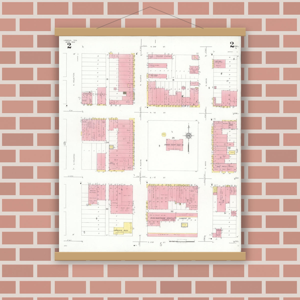 Old map wall art mockup — magnetic wood frame on brick wall — Sanborn Fire Insurance Map from Lamesa, Dawson County, Texas (1932), Sheet #0002