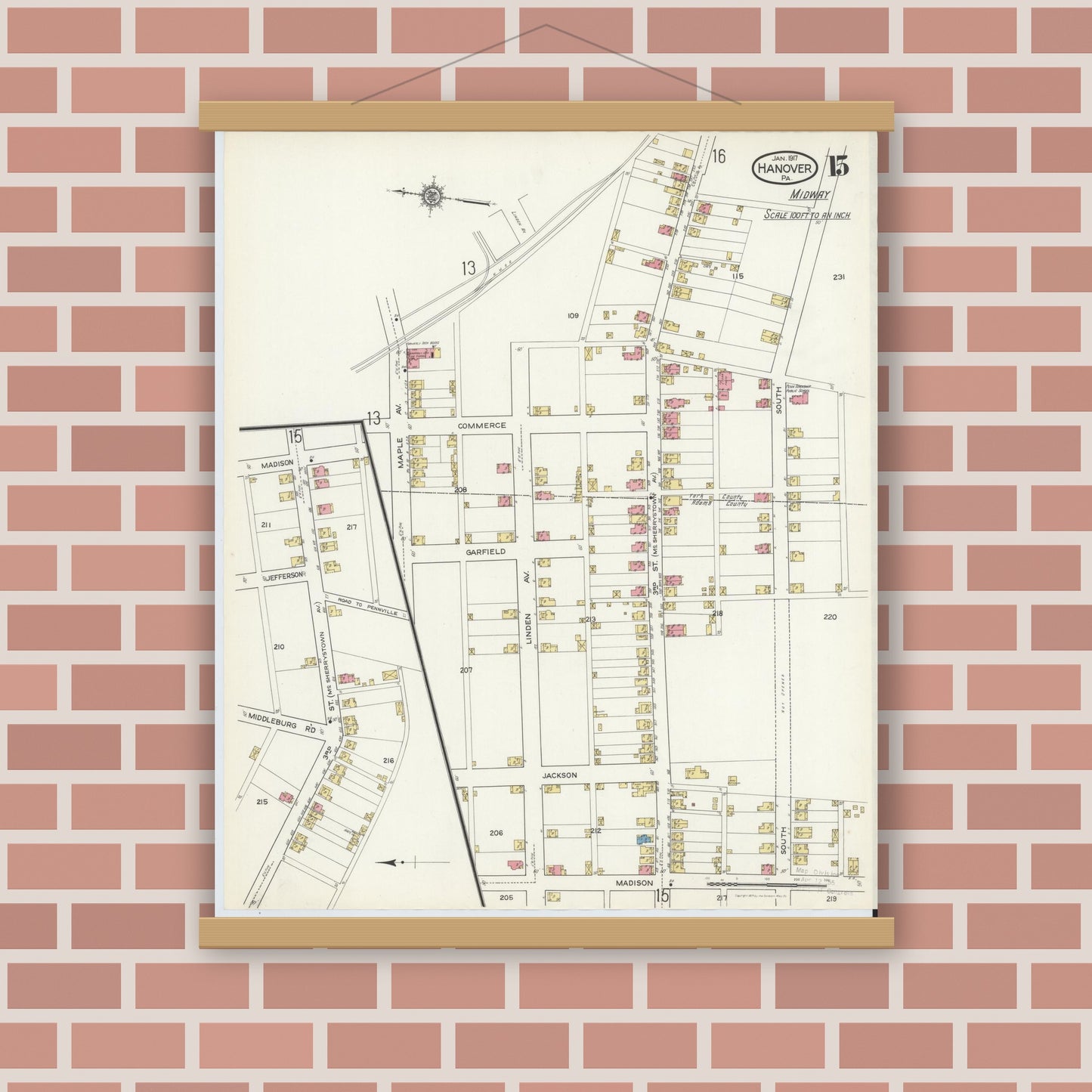 Old map wall art mockup — magnetic wood frame on brick wall — Sanborn Fire Insurance Map from Hanover, York County, Pennsylvania (1917), Sheet #0015