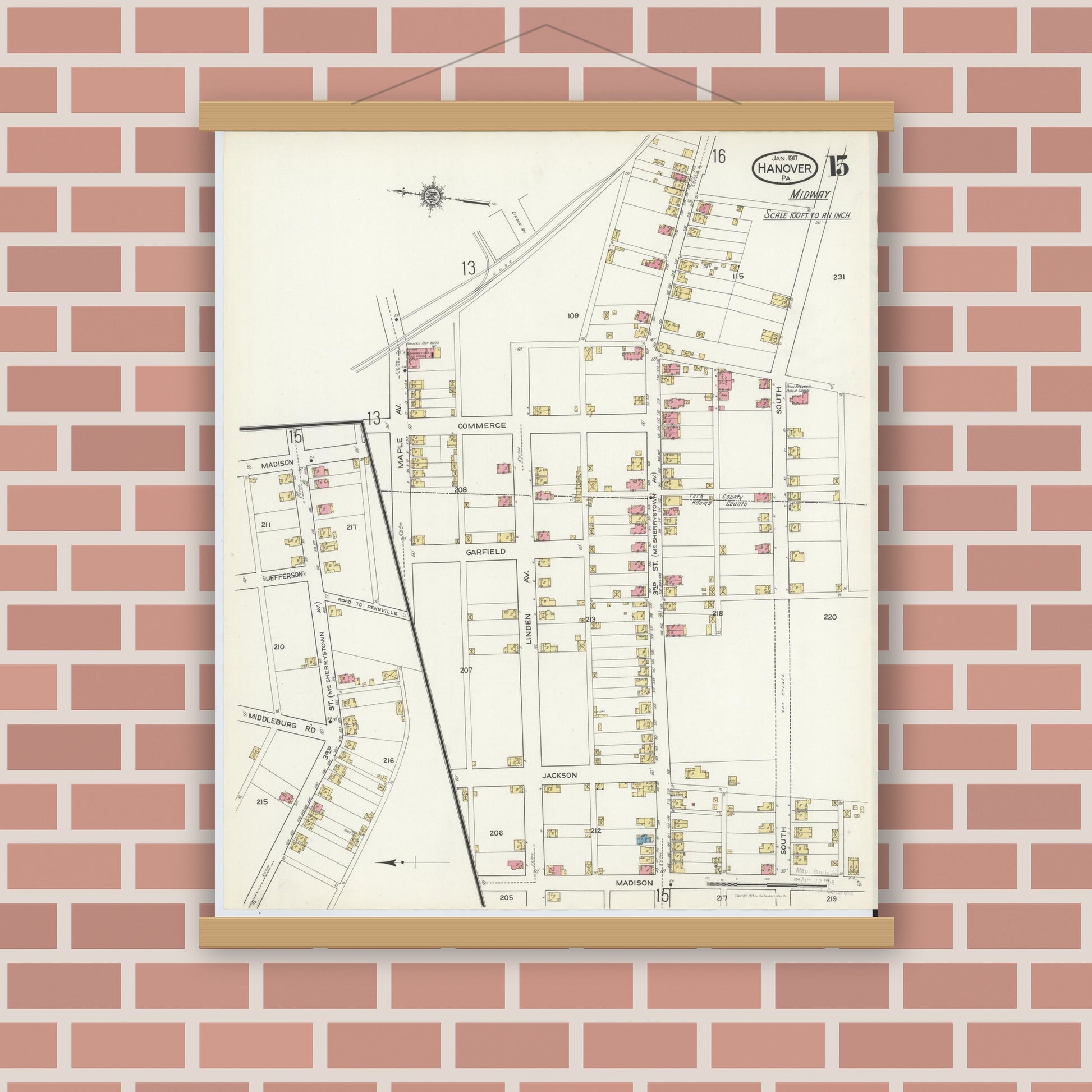 Old map wall art mockup — magnetic wood frame on brick wall — Sanborn Fire Insurance Map from Hanover, York County, Pennsylvania (1917), Sheet #0015
