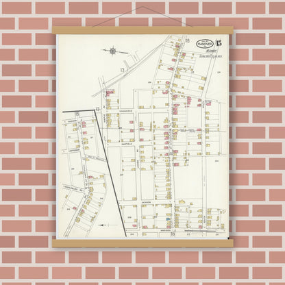 Old map wall art mockup — magnetic wood frame on brick wall — Sanborn Fire Insurance Map from Hanover, York County, Pennsylvania (1917), Sheet #0015