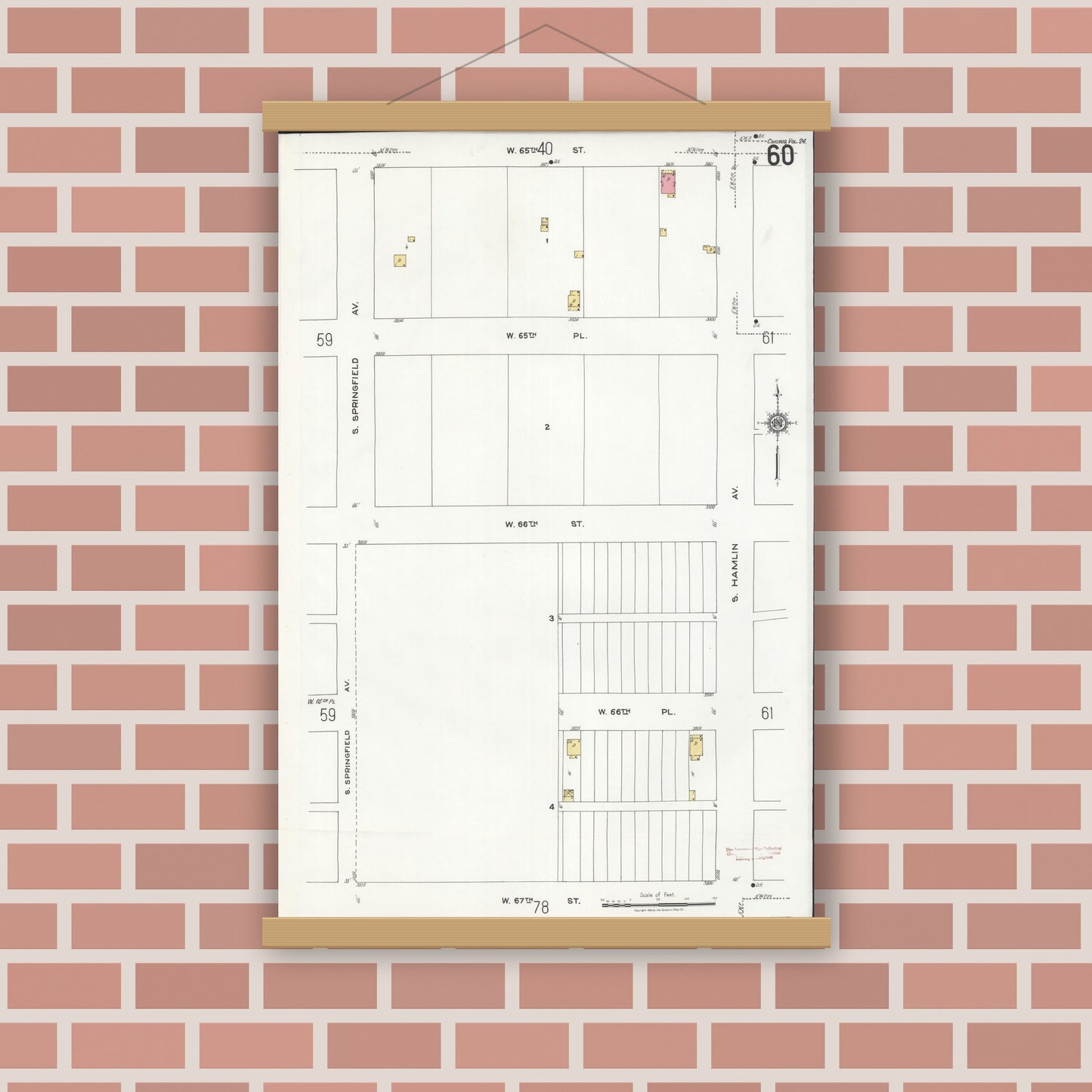 Old map wall art mockup — magnetic wood frame on brick wall — Sanborn Fire Insurance Map from Chicago, Cook County, Illinois (1920), Sheet #0060
