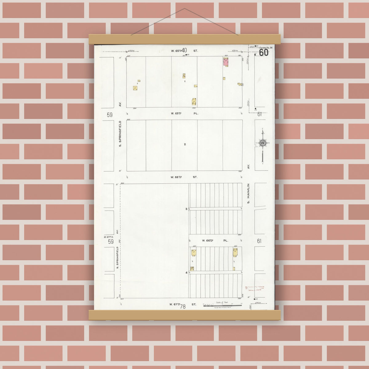 Old map wall art mockup — magnetic wood frame on brick wall — Sanborn Fire Insurance Map from Chicago, Cook County, Illinois (1920), Sheet #0060