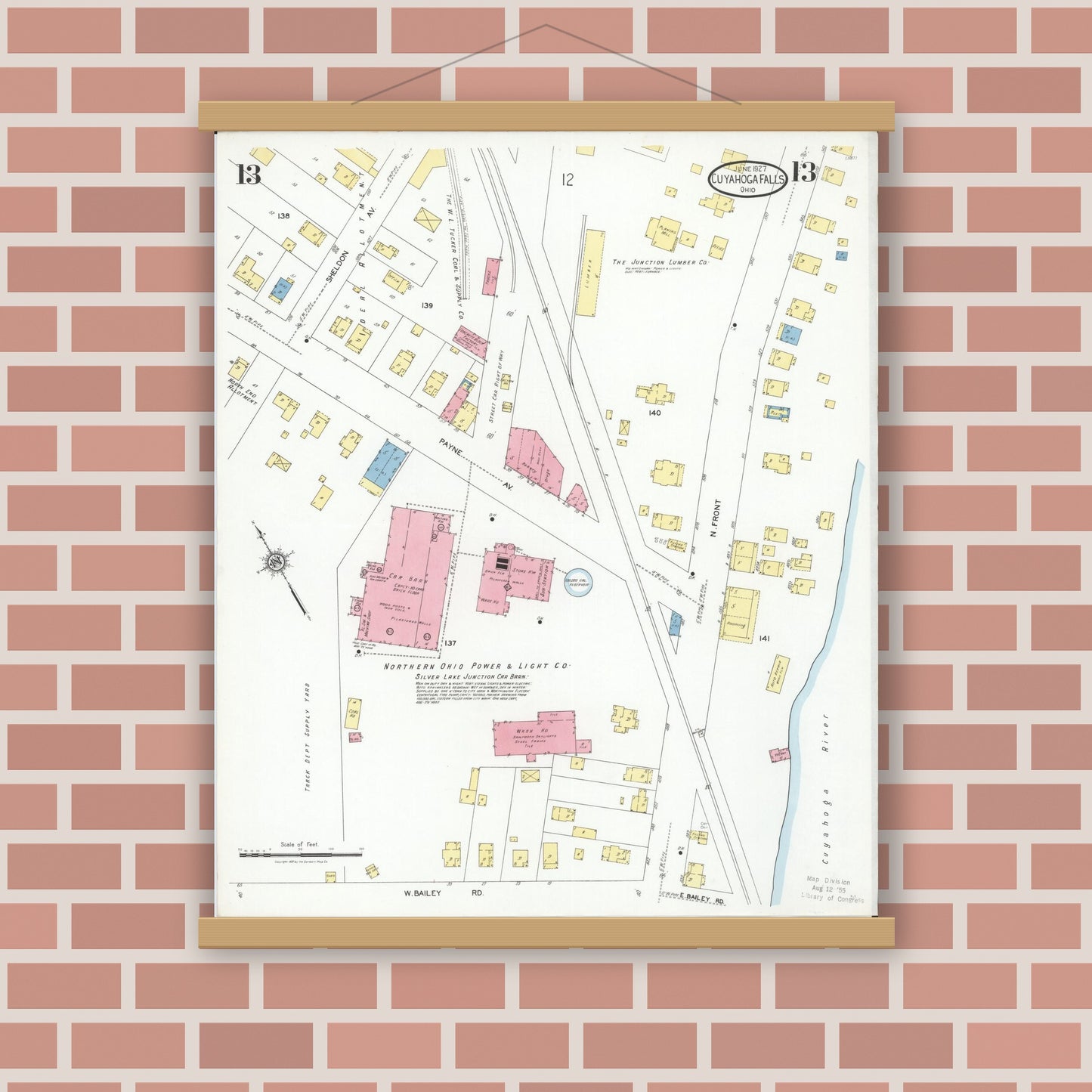 Old map wall art mockup — magnetic wood frame on brick wall — Sanborn Fire Insurance Map from Cuyahoga Falls, Summit County, Ohio (1927), Sheet #0013