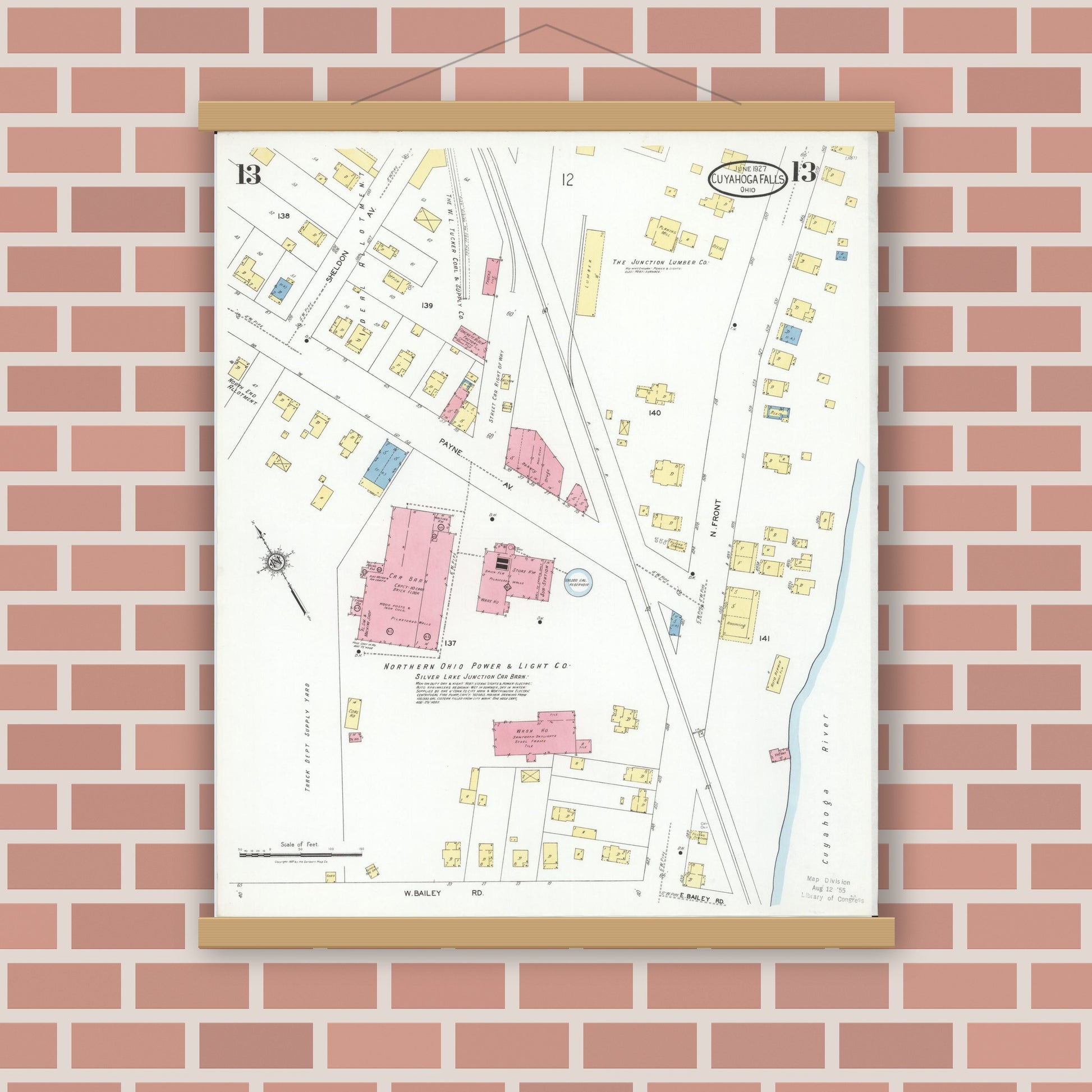 Old map wall art mockup — magnetic wood frame on brick wall — Sanborn Fire Insurance Map from Cuyahoga Falls, Summit County, Ohio (1927), Sheet #0013