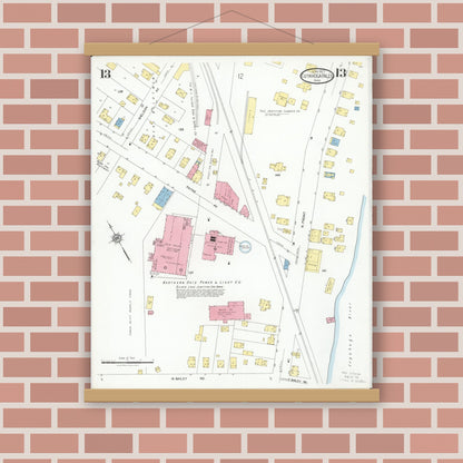 Old map wall art mockup — magnetic wood frame on brick wall — Sanborn Fire Insurance Map from Cuyahoga Falls, Summit County, Ohio (1927), Sheet #0013