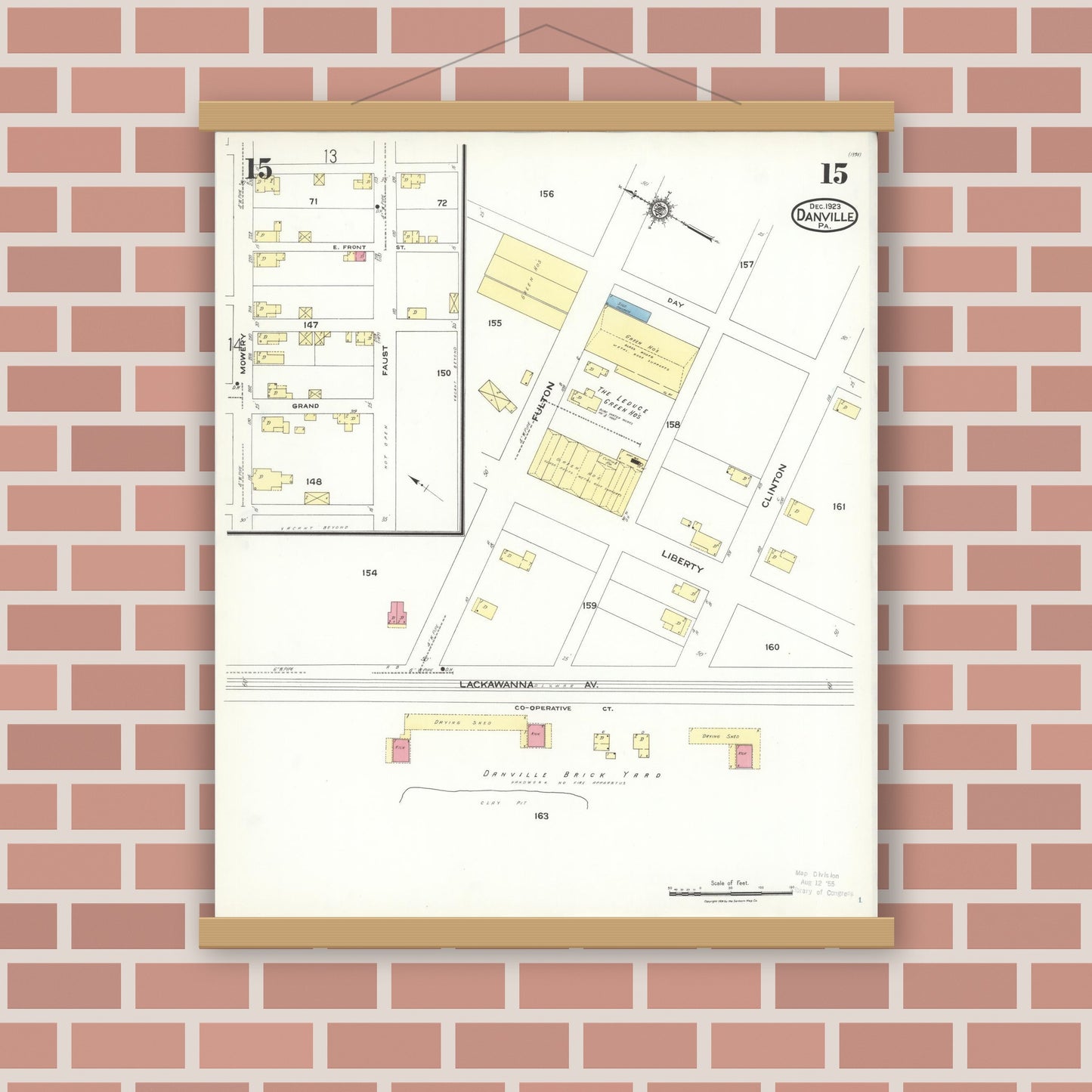Old map wall art mockup — magnetic wood frame on brick wall — Sanborn Fire Insurance Map from Danville, Montour County, Pennsylvania (1923), Sheet #0015