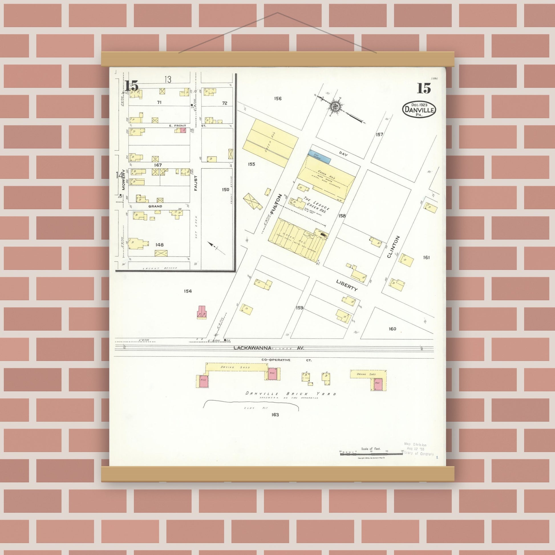 Old map wall art mockup — magnetic wood frame on brick wall — Sanborn Fire Insurance Map from Danville, Montour County, Pennsylvania (1923), Sheet #0015